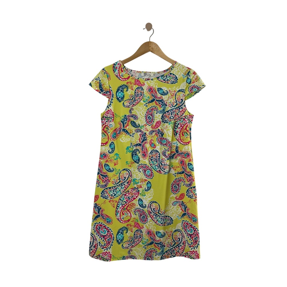 Aryeh Womens Paisley Print Shift Dress Lime Yellow Cap Sleeve USA Nylon‎ Size M